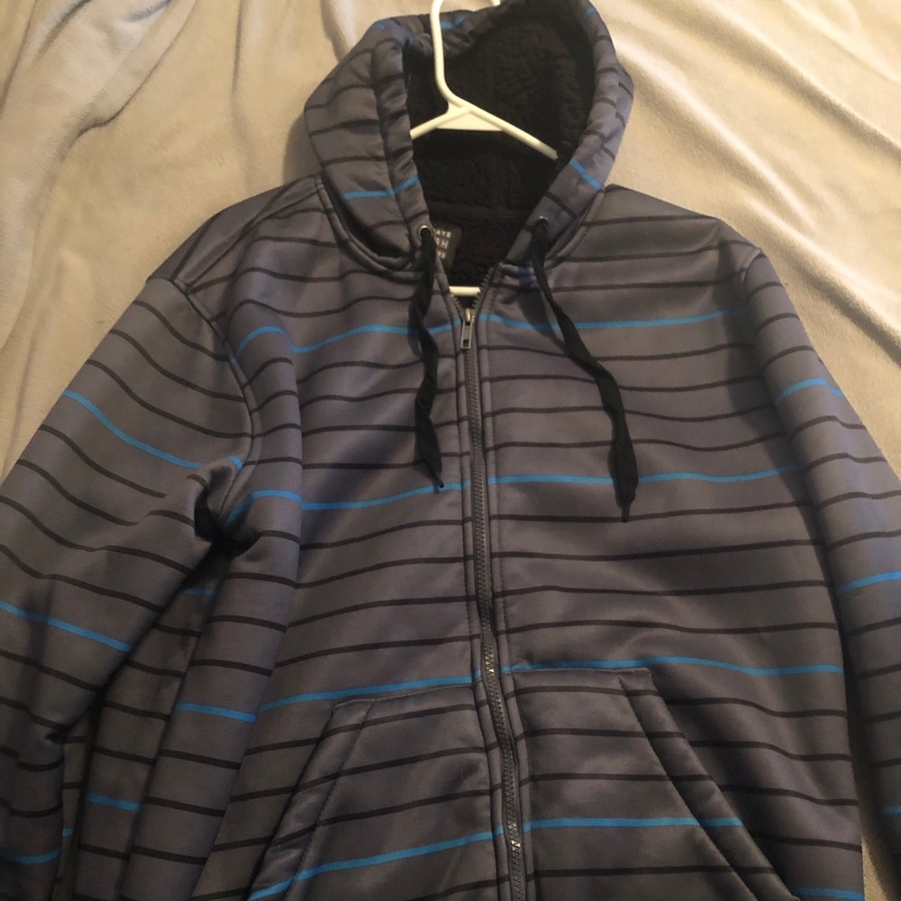 Jacket (blue, black, gray) fuzzy interior.